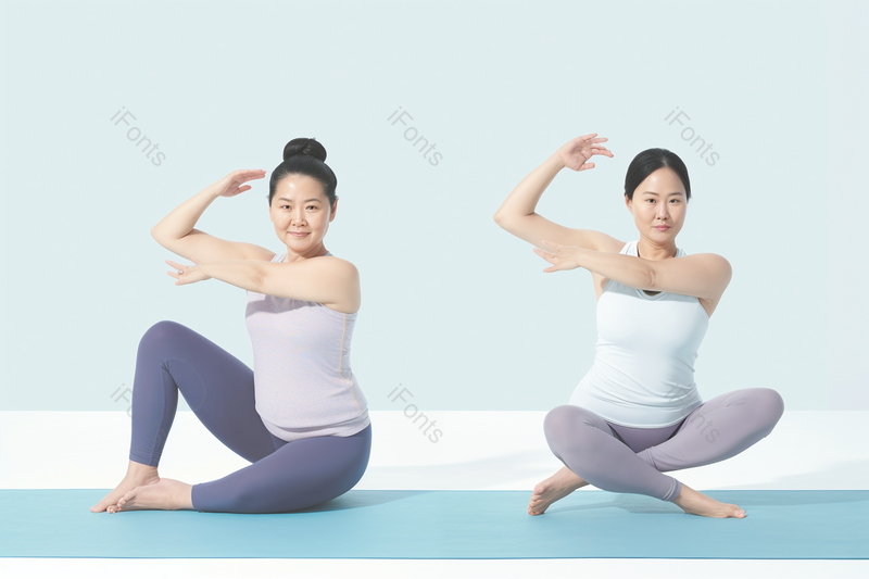 青色纯色背景胖瘦姐妹一起做瑜伽运动瑜伽垫锻炼双手合十,高清,摄影图,摄影图片,图片大全,摄影图免费下载